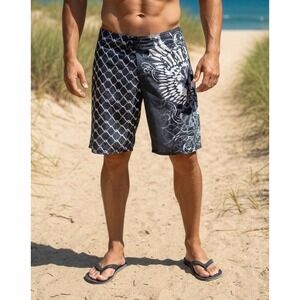 MMA Elite Men's Board Shorts Skull Winged Size XL Black Gray Graphic Swim Trunk